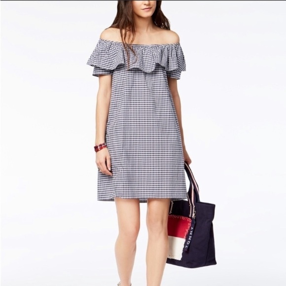 TOMMY HILFIGER Off The Shoulder Gingham Dress Size Medium Preppy - Picture 1 of 9